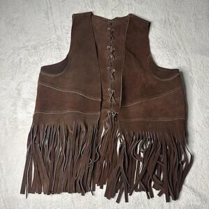 Vintage 70s Brown Leather Cowboy Fringe Tassel Boho Western Outlaw Vest 20 X 26
